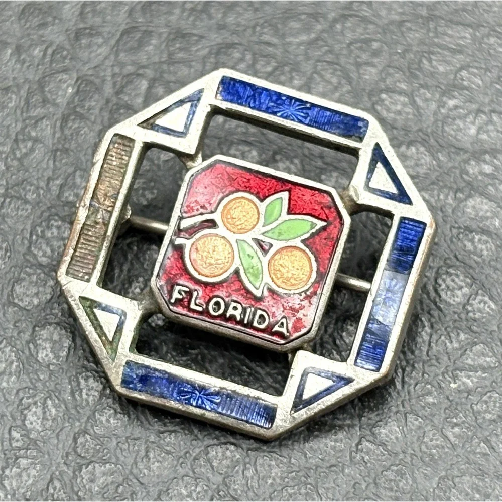 Antique Art Deco Guilloche Enamel Pin Florida Oranges Small Souvenir READ